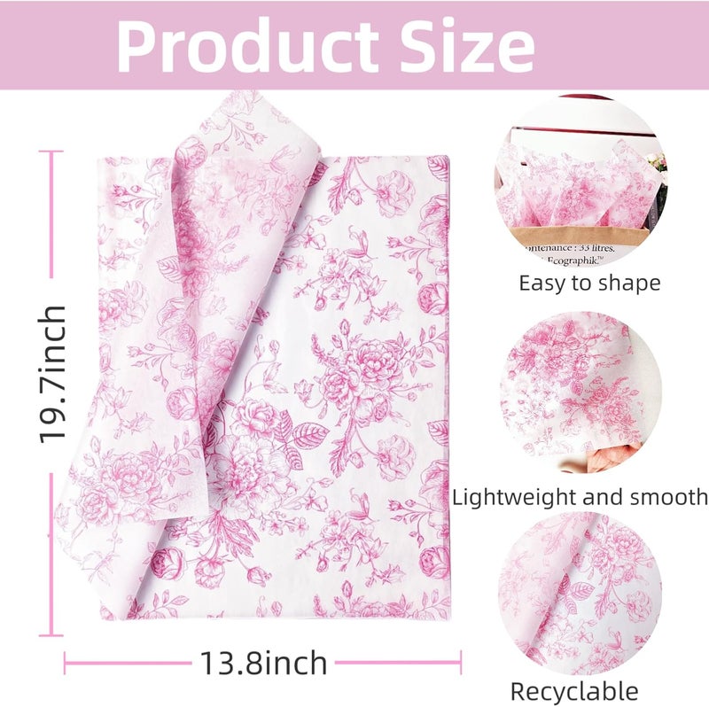 EROMAP 120 Sheets Pink Floral Tissue Paper Chinoiserie Gift Wrapping Paper Vintage Pink White Flowers Packaging Patterned Bulk for Baby Shower Wedding Birthday Party Decor, 14 x 20 Inch - Image 2